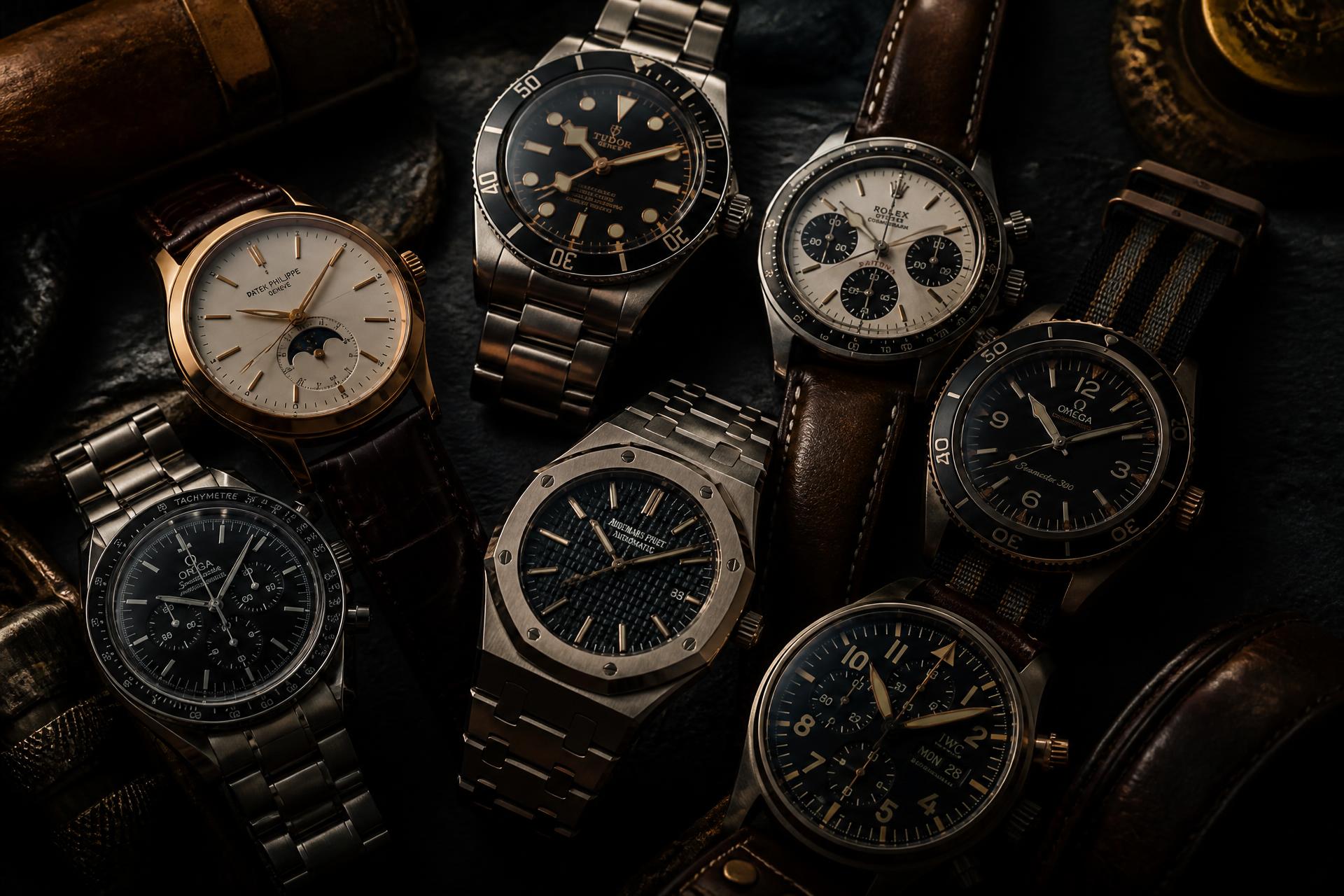 A curated collection of luxury wristwatches arranged on dark slate.